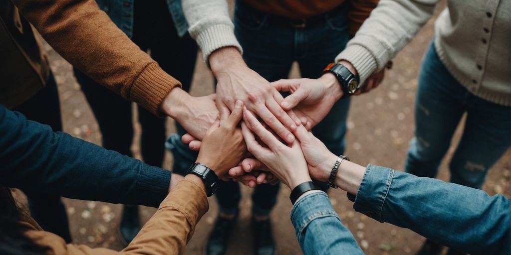 Diverse group holding hands, symbolizing unity and support.