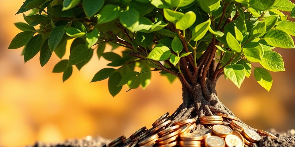Strong, healthy money tree growing from coins.