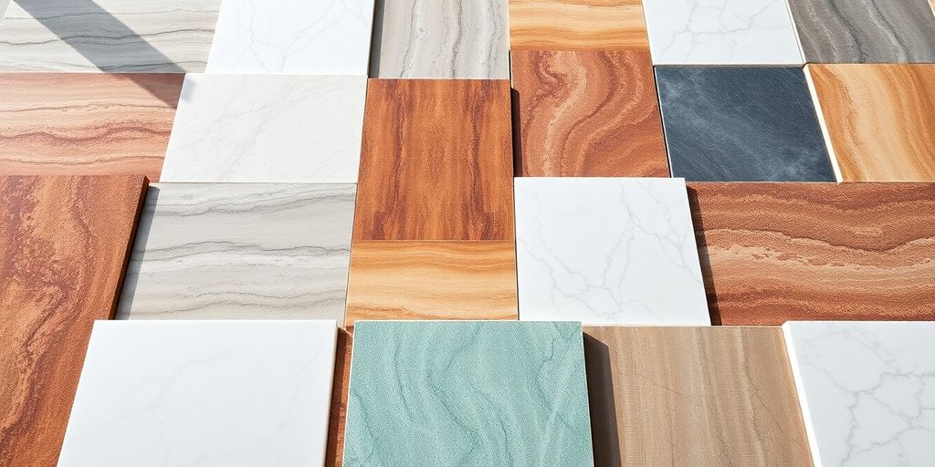 Variety of porcelain tiles with different colors and textures.