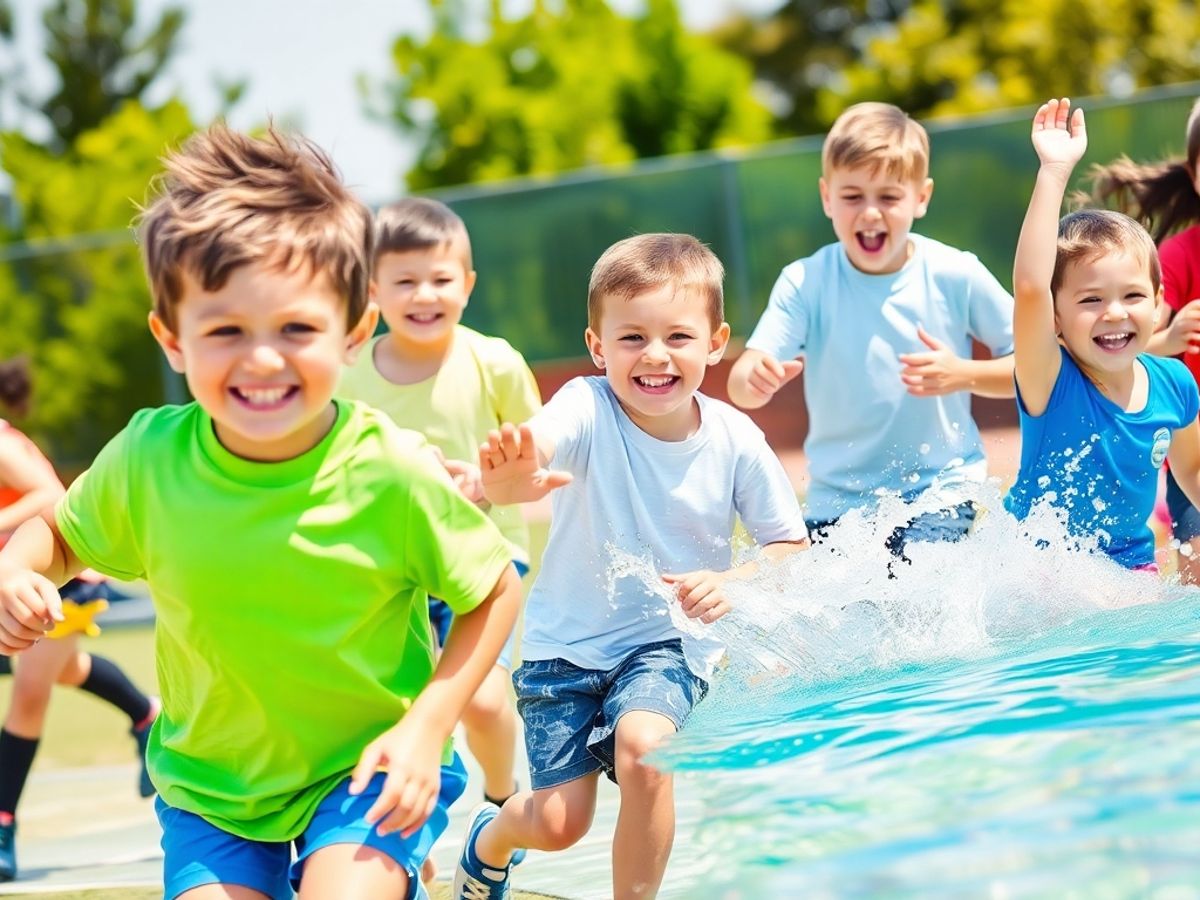 Copii jucându-se diverse sporturi în aer liber.