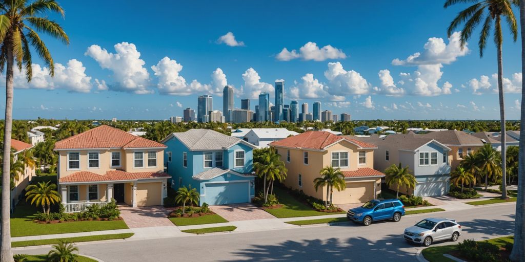 Florida cityscape with homes and palm trees.