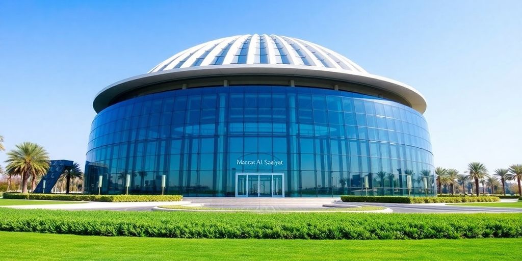 Modern dome structure surrounded by greenery and blue skies.