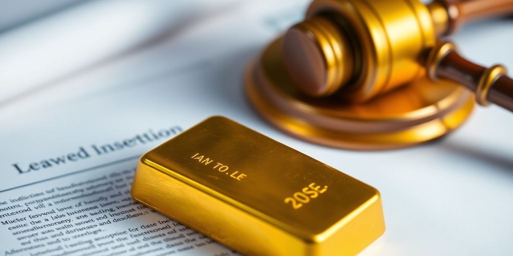 Barre d'or et documents juridiques en arrière-plan.