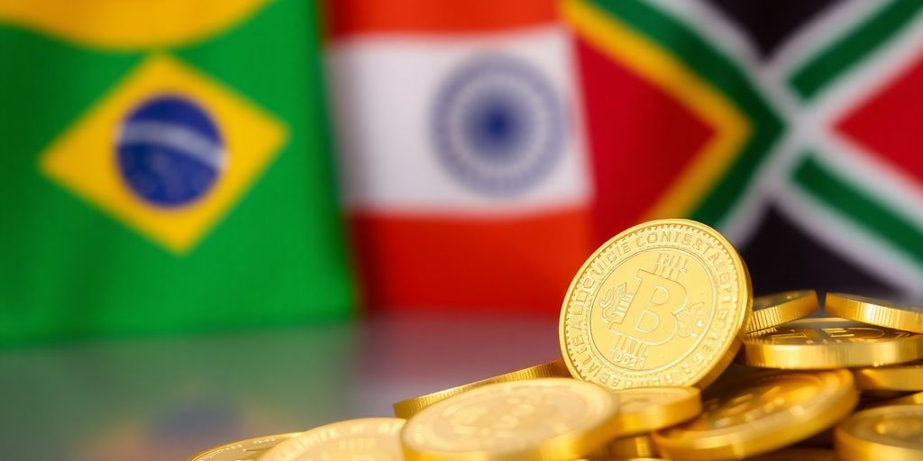Croupes de pièces d'or et drapeaux des pays BRICS.