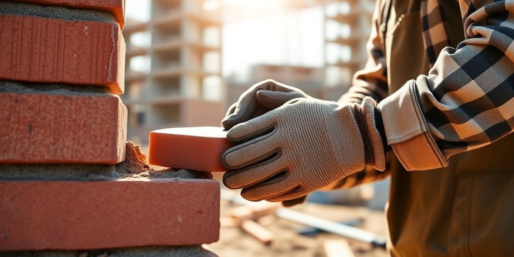 Mason working with bricks and trowel