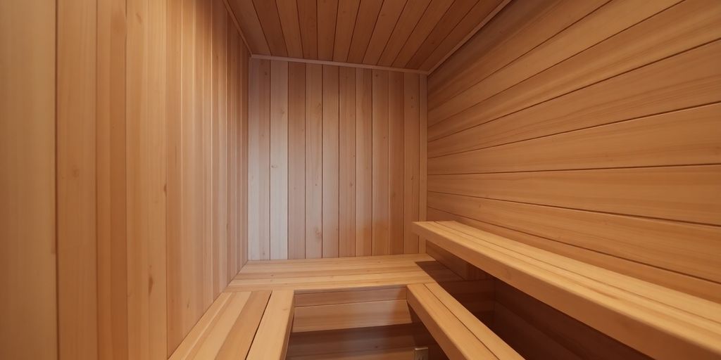 Interior of a sauna with wooden benches