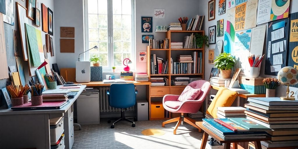 Colorful study space with art supplies and books.