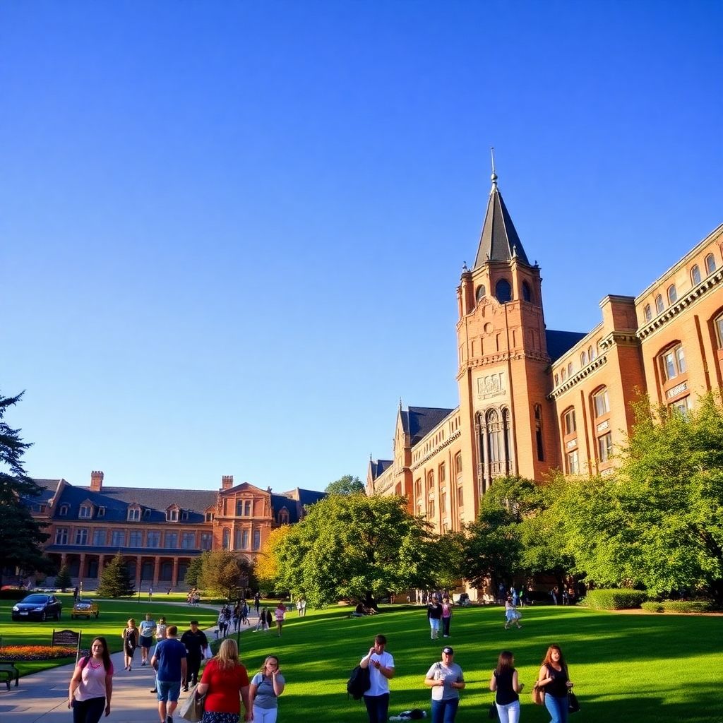 University of Washington campus with students and greenery.
