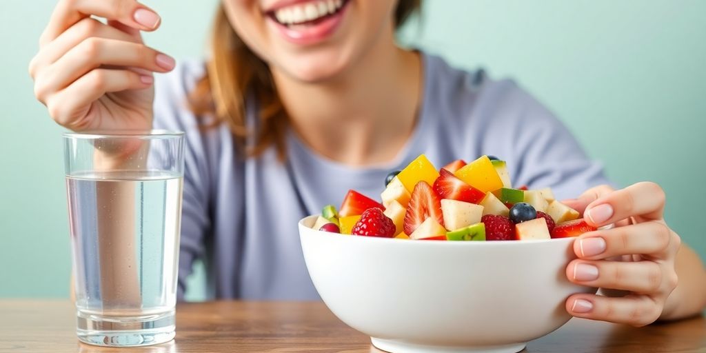 Person enjoying a healthy fruit salad and water.