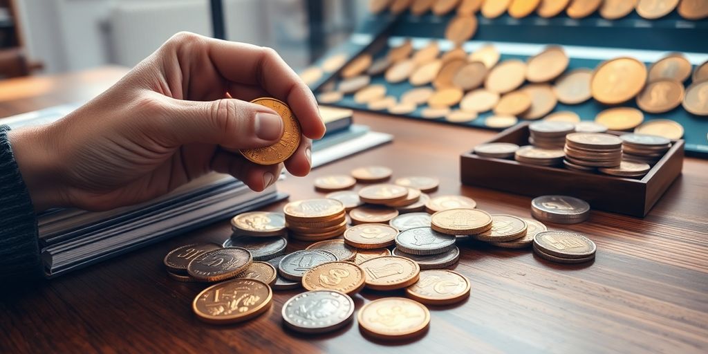 Main tenant pièce en or devant présentoir rempli de monnaies