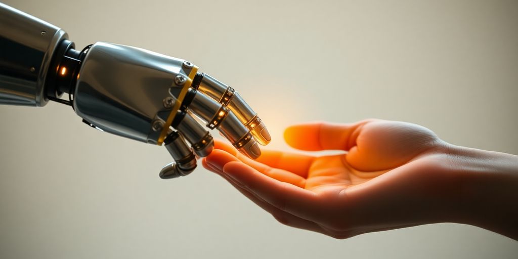 Robot hand, human hand, glowing light.