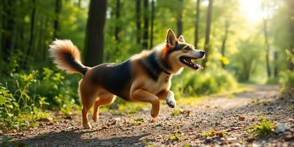 Dog running joyfully on a sunlit forest trail.