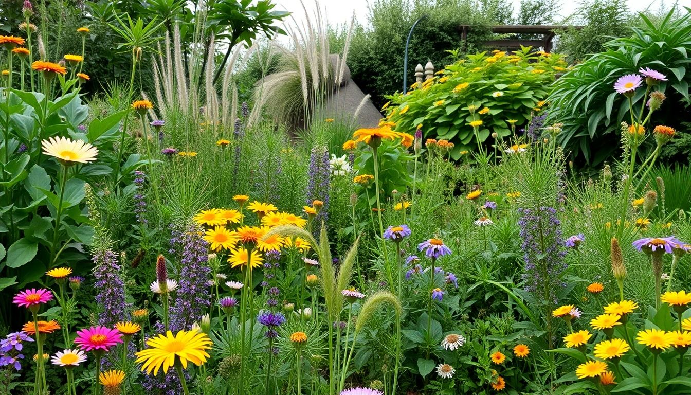 Lush garden with wildflowers and native plants.