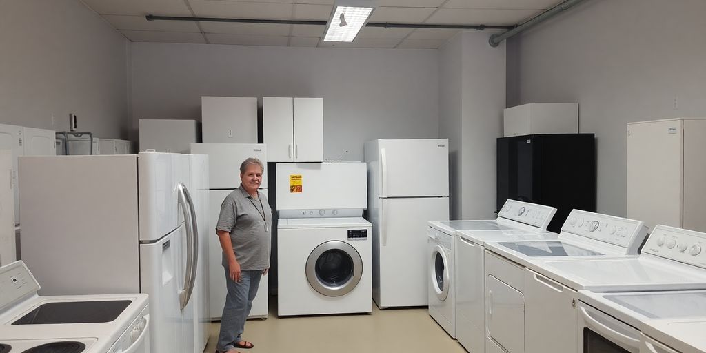 Used appliances for sale in an organized display area.