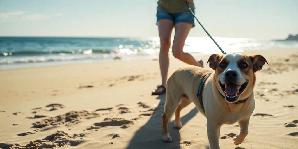 Dog and owner enjoying a walk on Bondi Beach.