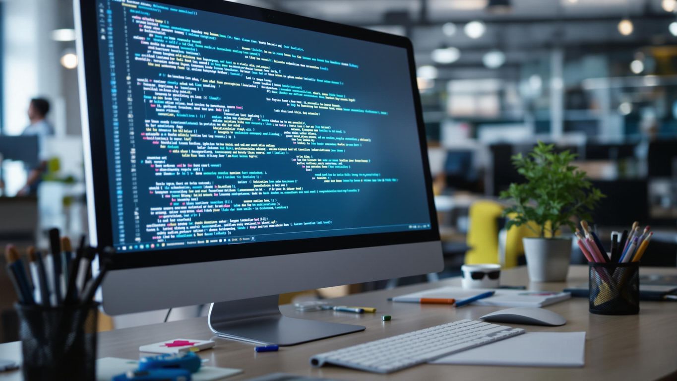 Bilde av en datamaskin med kode og verktøy.