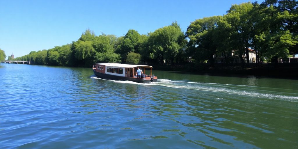 Bateau sur le Canal du Midi, arbres luxuriants, soleil