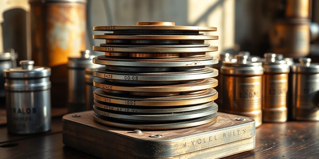 Antique voltaic pile with nickel-cadmium cylinders on a wooden bench