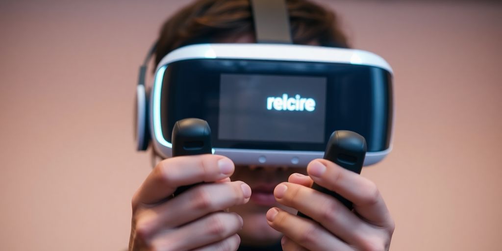 Person wearing VR headset, holding controllers.