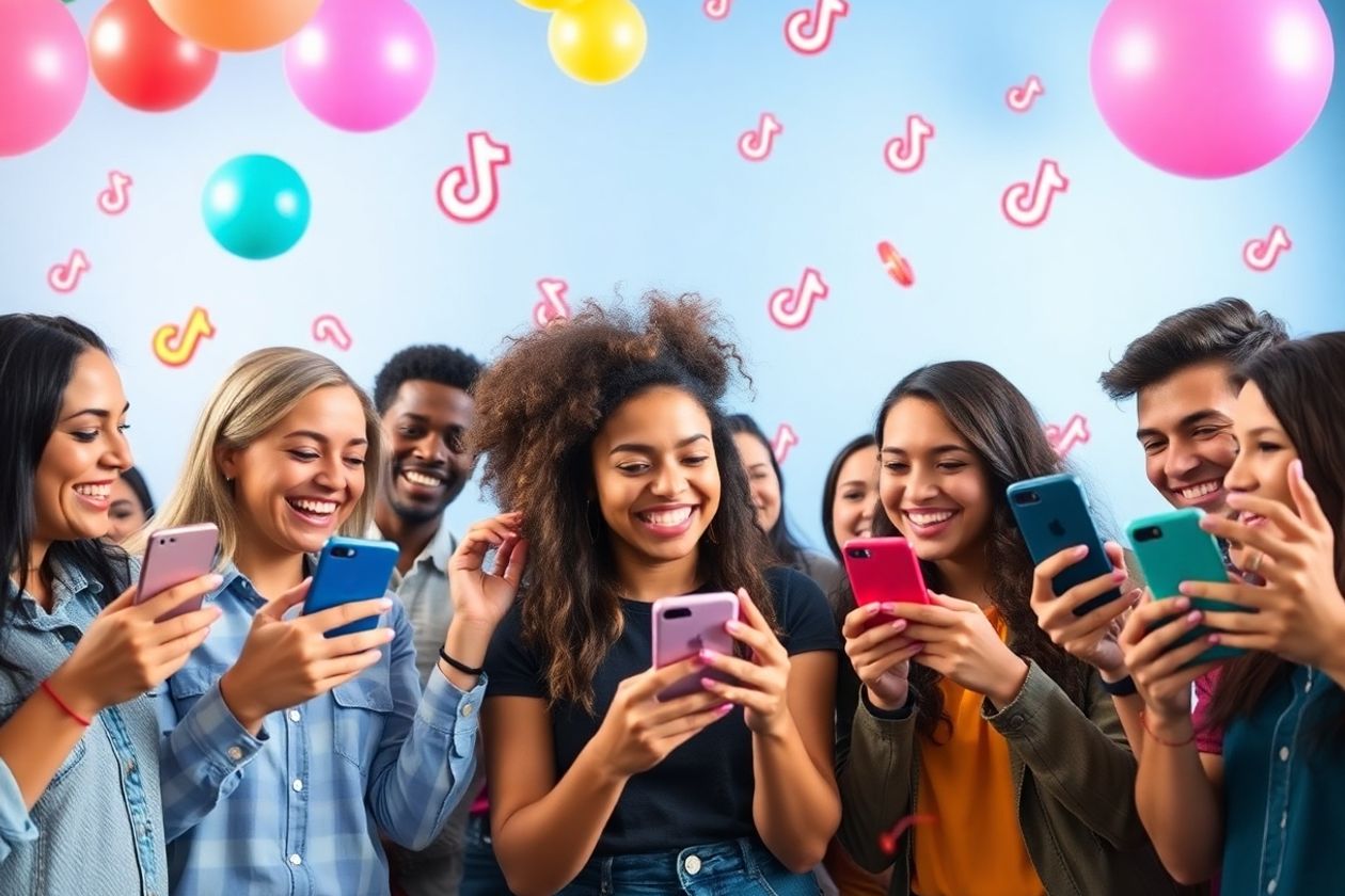 People engaging with smartphones in a colorful TikTok setting.