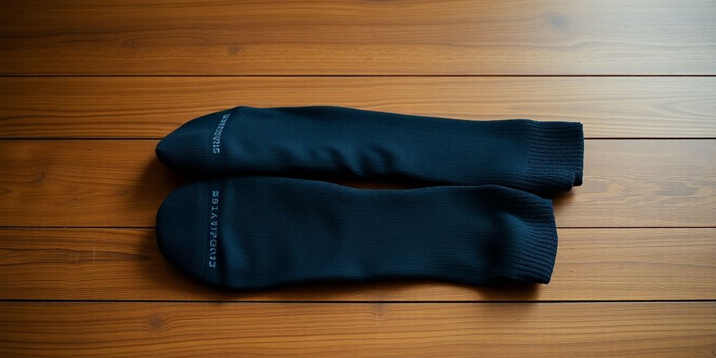 Stylish compression socks on wooden surface with soft lighting.
