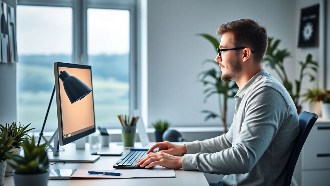 Práce na webu v moderní kanceláři s výhledem