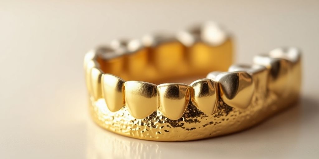 Couronne dentaire en or sur fond neutre.