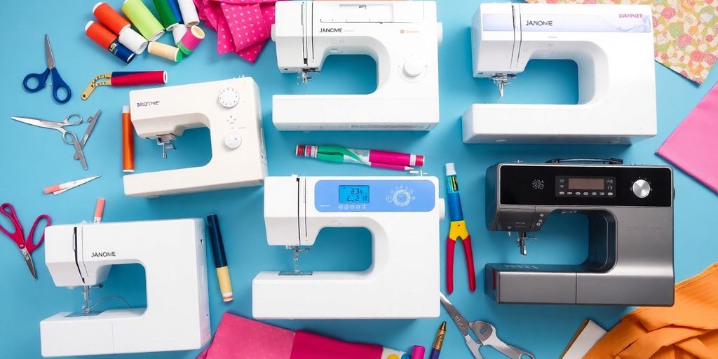 Janome and Brother sewing machines with accessories on display.