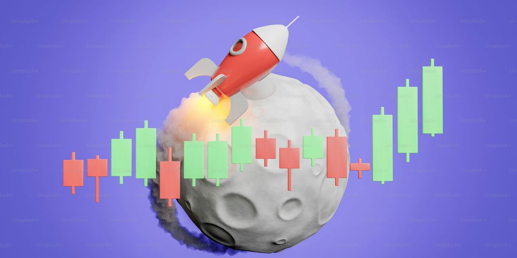Rocket launching from a moon with stock market candles.