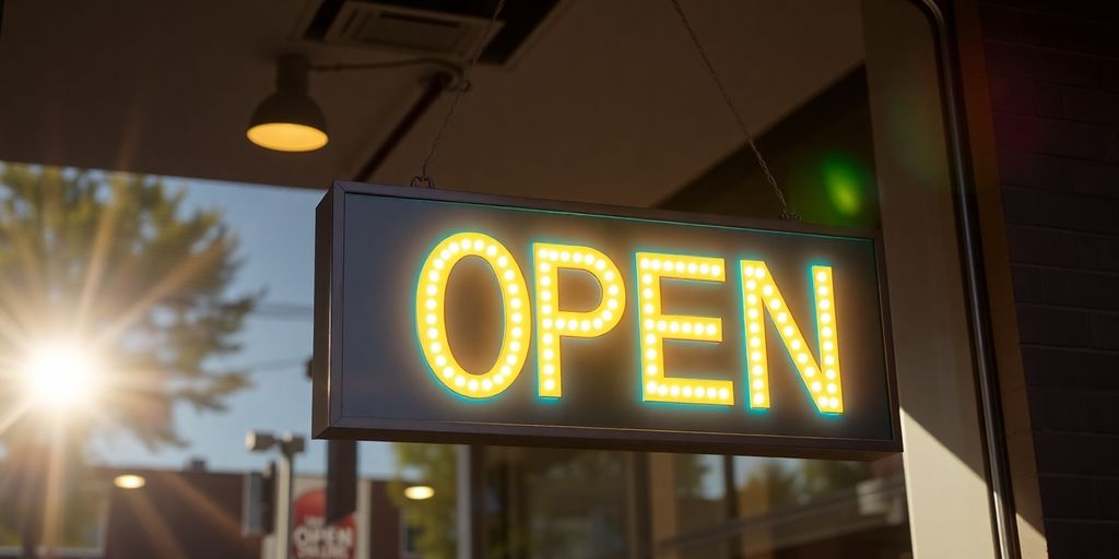 Bright illuminated double-sided open sign.