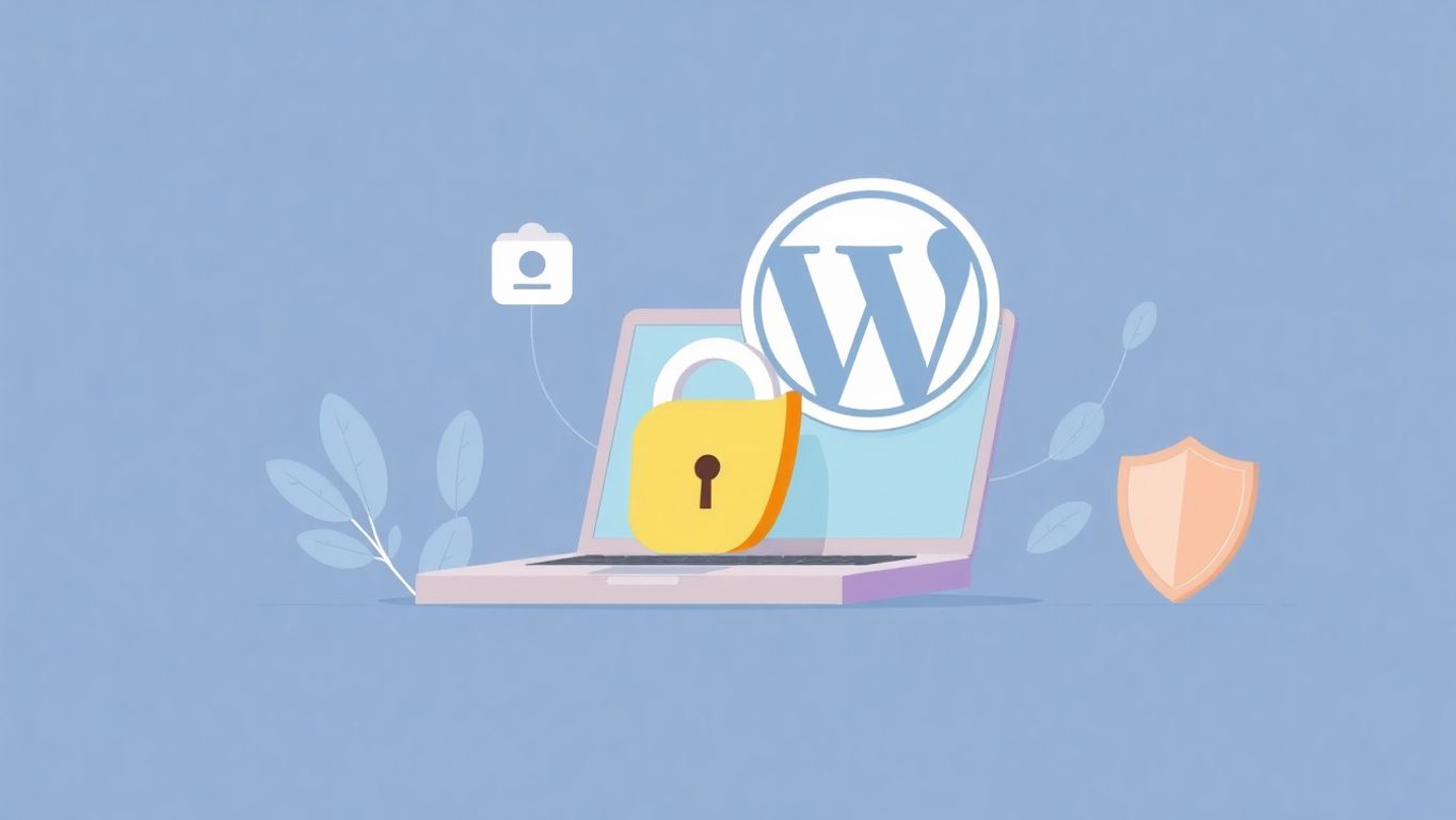 Illustrasjon av trygg WordPress med lås og skjold.