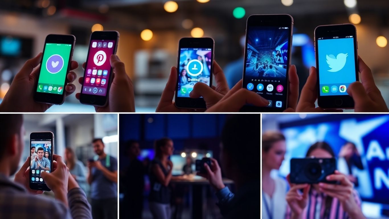 People using smartphones, recording videos, and live streaming