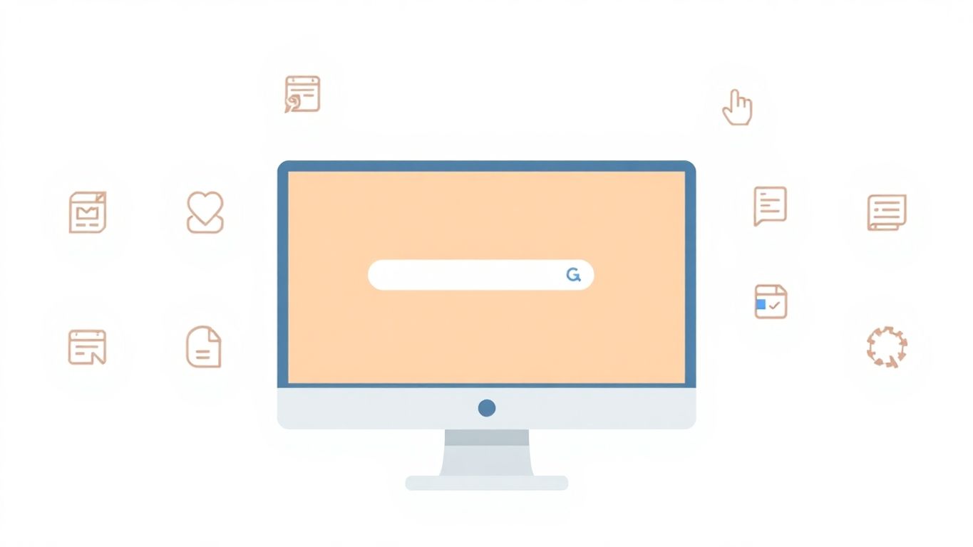 Illustrasjon av datamaskin med søkemotor og verktøy.