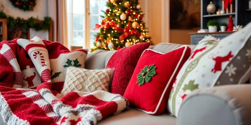Cozy living room with festive Christmas textiles and decorations.