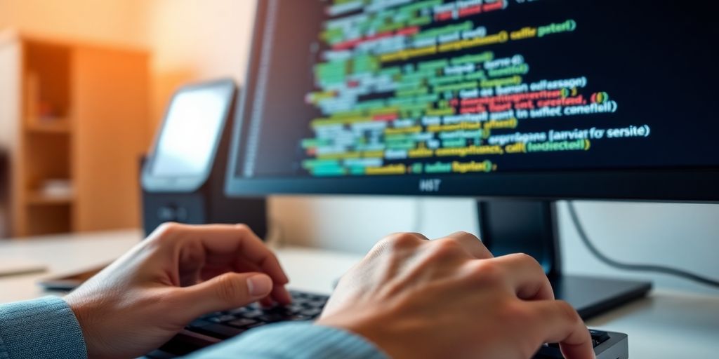 Software Tester at computer, debugging code.