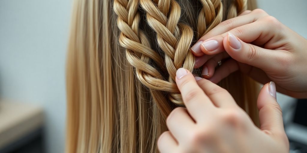 Mãos habilidosas fazendo tranças em cabelo claro.