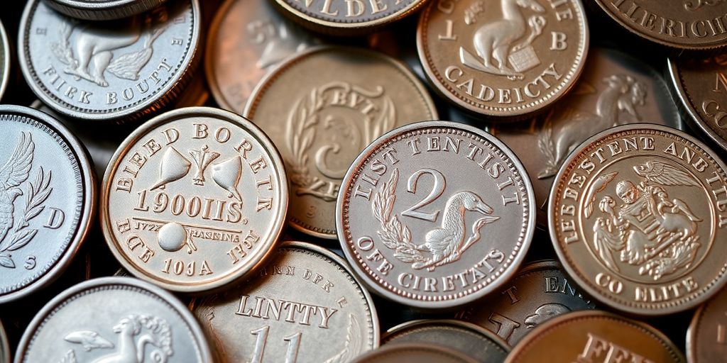 Coins d'investissement et pièces numismatiques sur fond neutre.