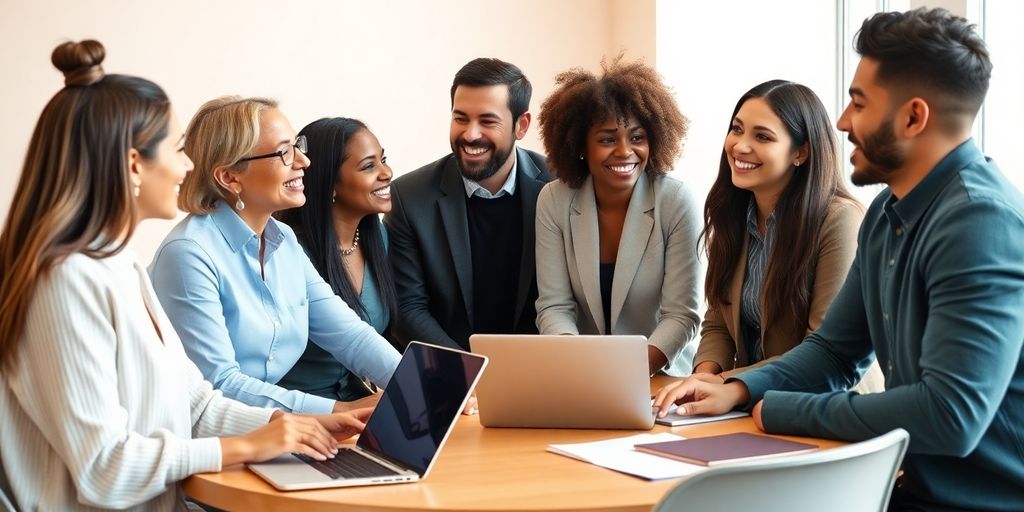 Diverse professionals collaborating in a bright, modern office.