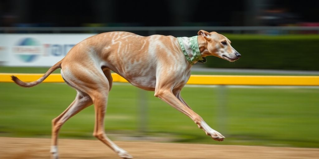 Greyhound racing at full speed on a track.