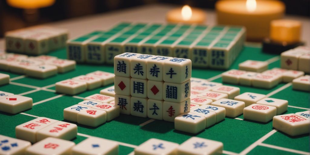 Mahjong game setup highlighting season tiles with other tiles and a serene background.