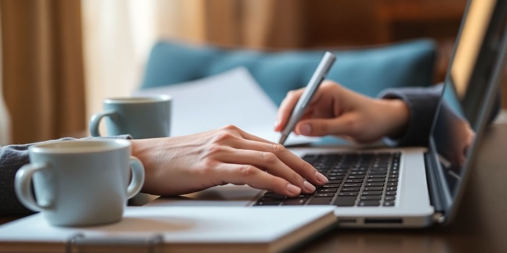 Person typing on a laptop in a cozy setting.