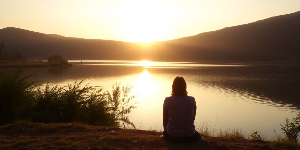 Person reflecting near a calm lake at sunrise.