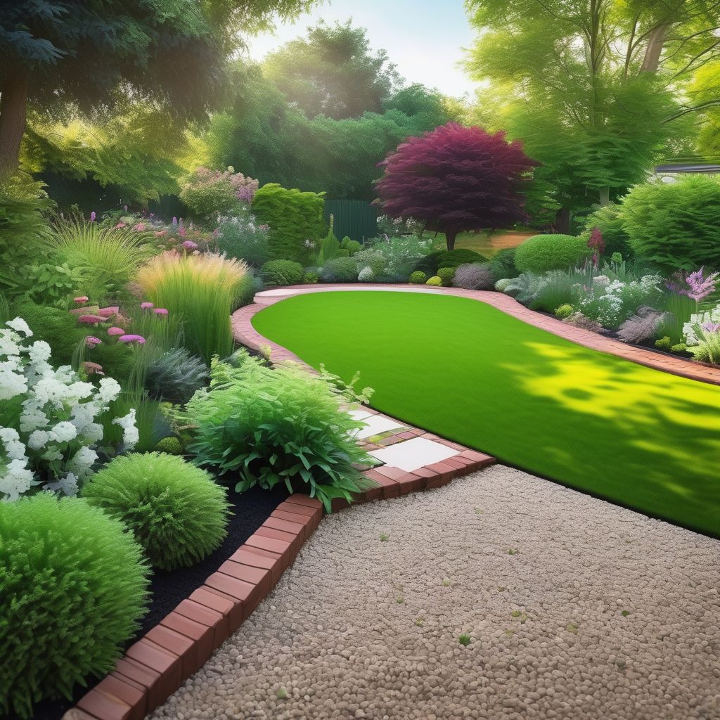 beautiful thriving garden with lush green lawn and visible weed control