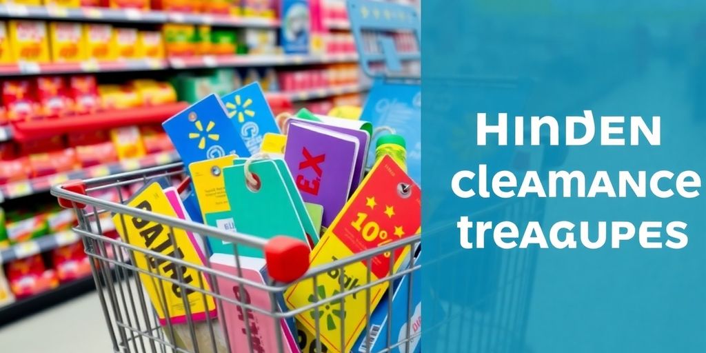Shopping cart filled with discounted items at Walmart.