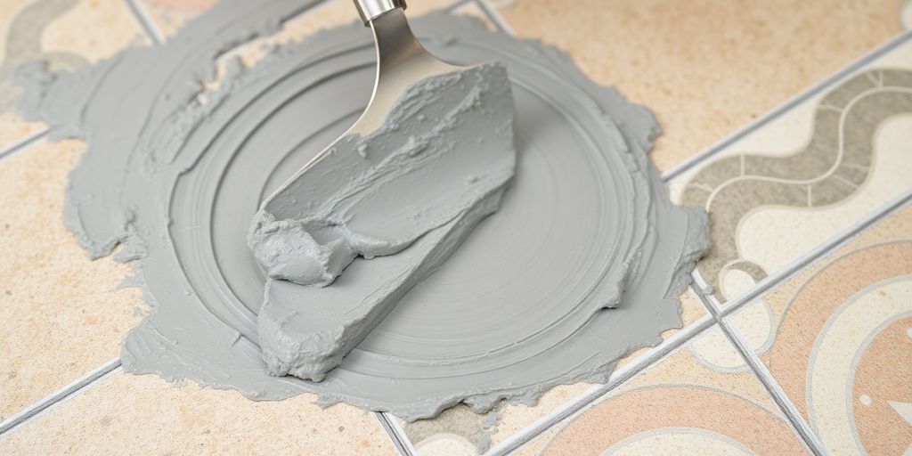 Trowel spreading mortar on outdoor tiles.