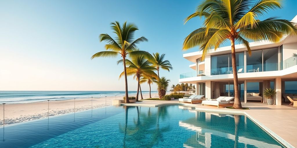 Luxurious Miami Beach property with pool and palm trees.