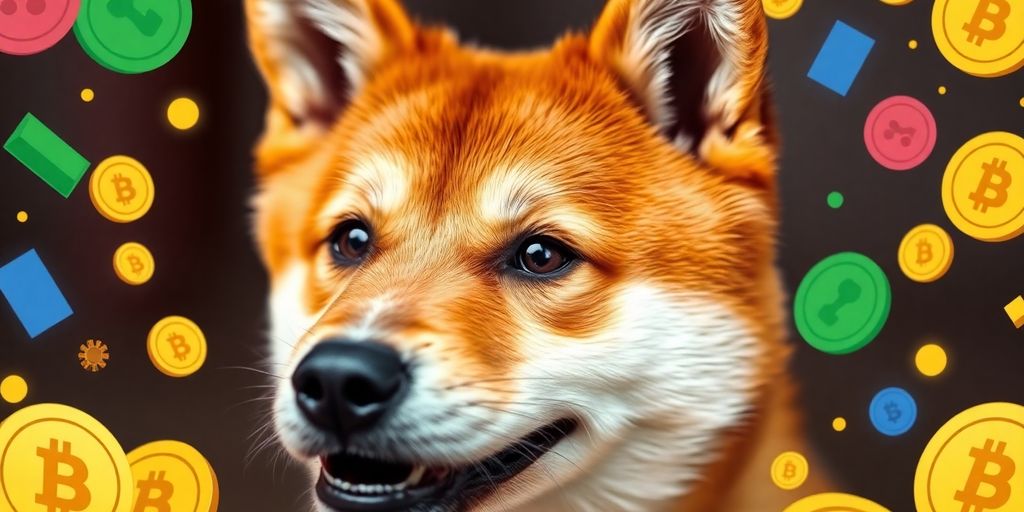 Cão Shiba Inu brincando em meio a moedas digitais.