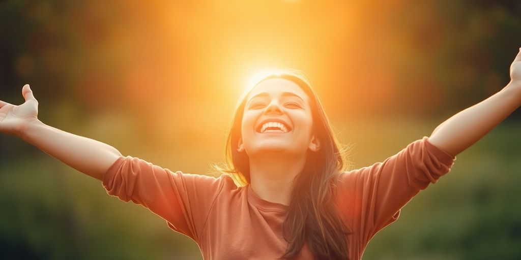 Person smiling with arms raised in sunlight.