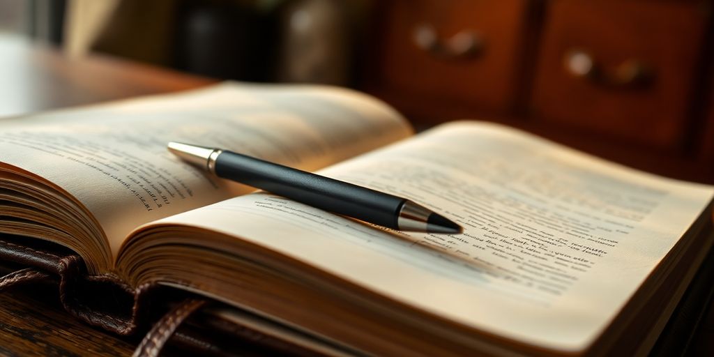 Open journal, pen, warm light, calm atmosphere.