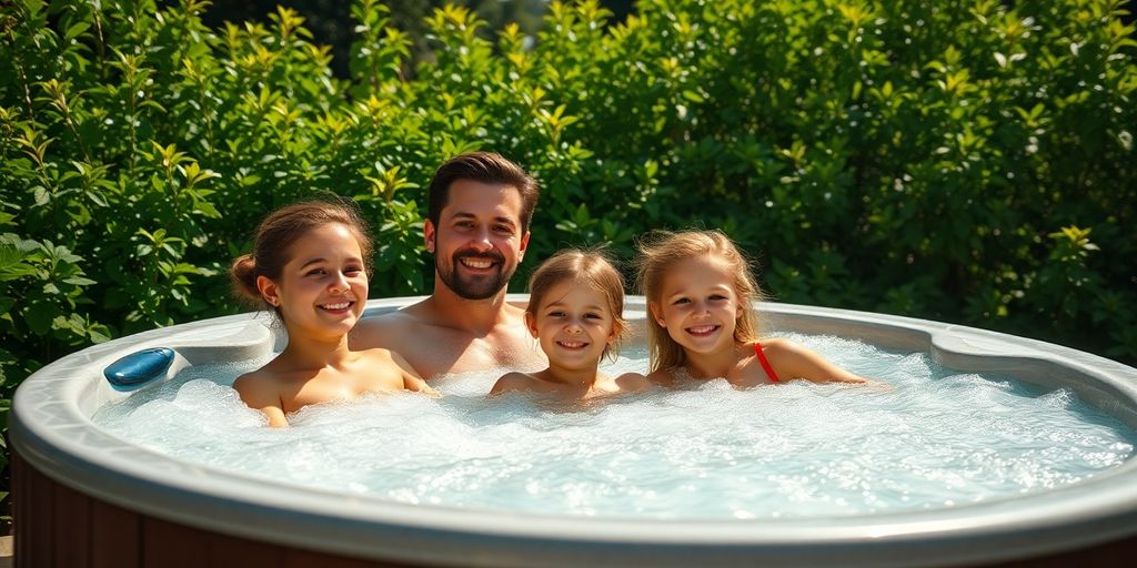 Family relaxing in a bubbling hot tub outdoors.